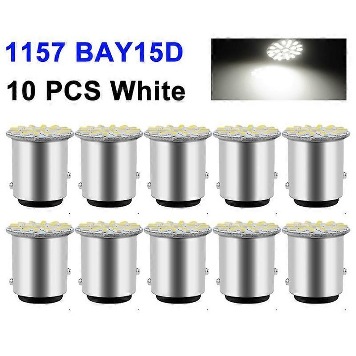 Set 10 Becuri LED 1156/1157 P21W/PY21W 22 SMD 12V 7000K pentru Semnalizare, Frana, Parcare