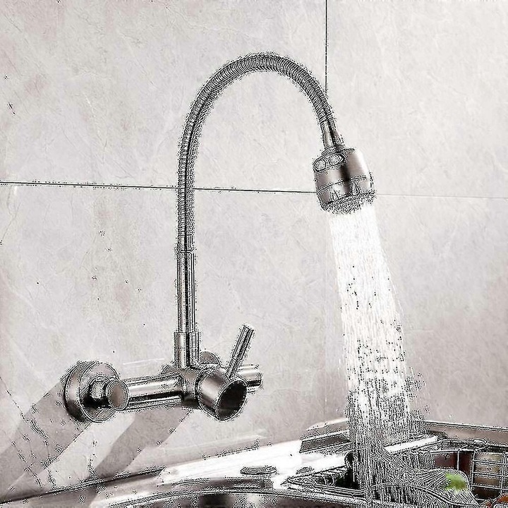 304-es rozsdamentes acél csaptelep, 360°-ban forgatható, falra szerelhető, flexibilis tömlővel, 15 cm-es furattávolság