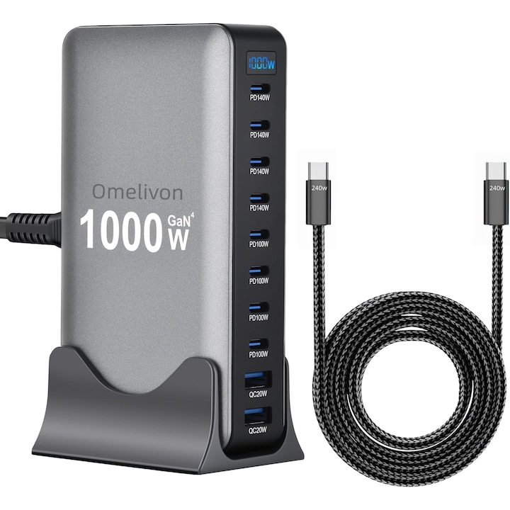Мултипортово бързо зарядно устройство Omelivon, 1000W, 8 USB-C PD, 2 USB-A QC3.0, черно