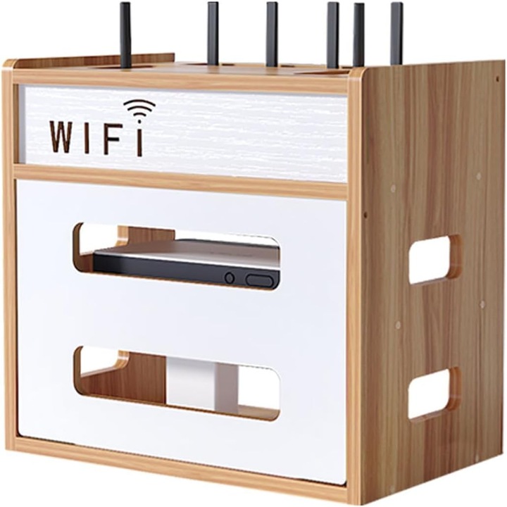 Raft Suport Router Wireless, XGETOP®, Trei Compartimente, pentru Mascare Fire si Echipamente WI-FI, 34x21x32cm, Lemn/Alb