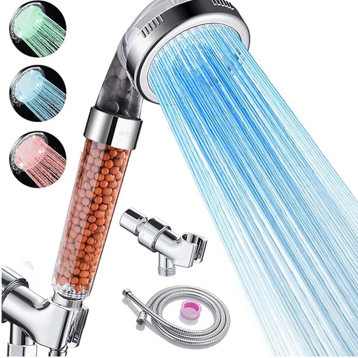 Rqiurpn LED zuhanyfej, színváltós, nagynyomású, króm, 1 db zuhanyfej készlet