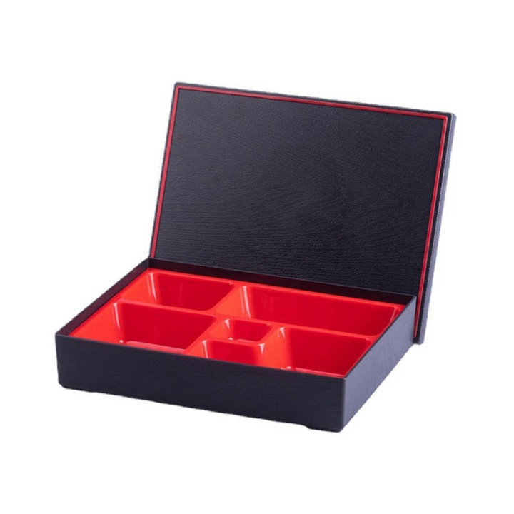 Bento ételhordó, hagyományos, lakkozott műanyag, 5 rekeszes, piros és fekete, 27x21x6cm