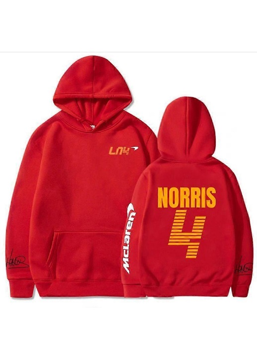 McLaren F1 Norris 4 kapucnis pulóver, betűnyomatos, piros, pamut, uniszex
