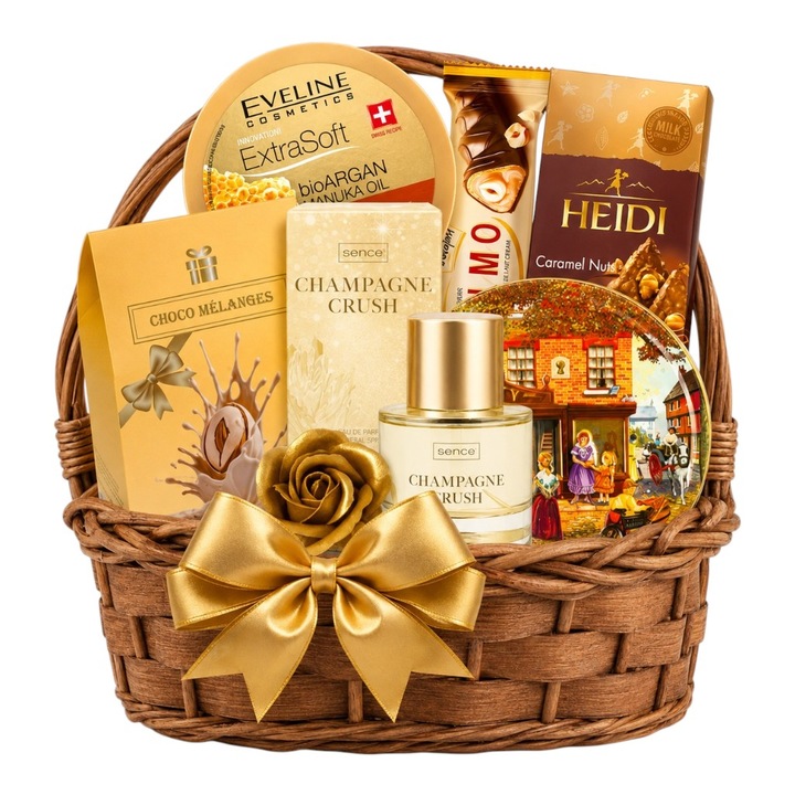 Cos Cadou pentru Femei, model Champagne Crush, cu Produse Cosmetice si de Ingrijire, Body Mist, Crema Argan si Miere, Fursecuri Daneze, Migdale in Ciocolata, Heidi, Trandafir, Ambalat Festiv pentru Craciun, Aniversare, 1-8 Martie - by CADOURI RAFINATE ®