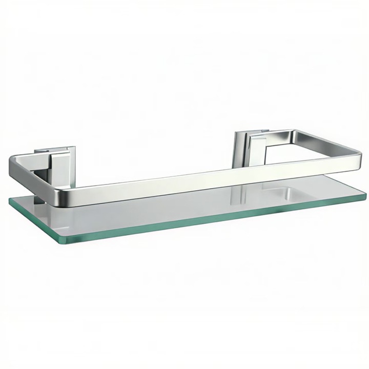 Suport de baie din sticla, bracket din aluminiu, design minimalist, 40x11x14.5cm, transparent si argintiu