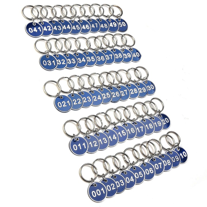 Set Brelocuri cu Etichete Numerotate 1-100, 50 Pcs Etichete din Aluminiu si 50 Pcs Inele din Otel, Albastru, Diametru Etichete 3cm, Diametru Inele 2.8cm