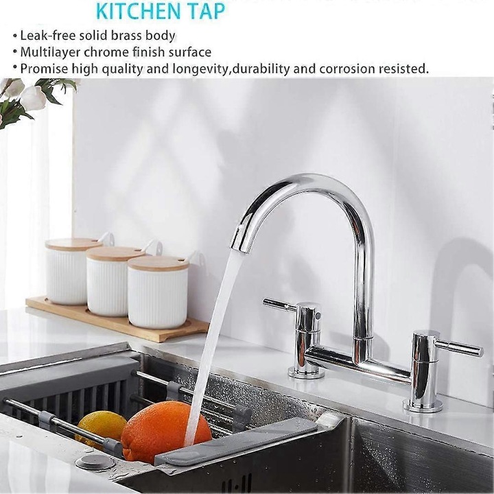 Baterie de bucatarie, 2 orificii, design modern, crom, 28x21cm