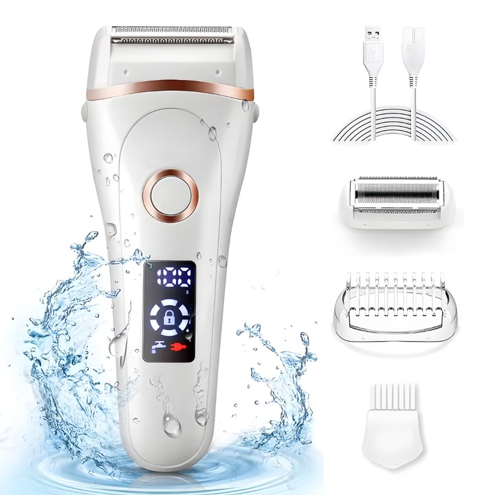 Aparat de Ras Electric 3 in 1 Femei ELMOSMART® MQ-588, Umed/Uscat, Reincarcabil USB, Fara Fir, Acumulator 600 mAh, Afisaj LED, IPX7 Rezistent la Apa, Functie de Blocare, Epilare Delicata si Eficienta pentru Maini, Picioare, Axile si Zona Intima, Alb