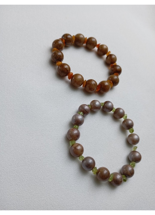 Set brățări din pietre semiprețioase Calcedonie și Ochi de pisica, 12mm și 10mm, maro cu verde și galben, realizate manual