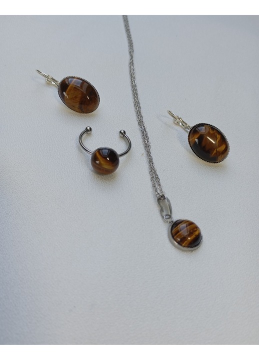 Set bijuterii cu Ochi de Tigru, cercei, inel deschis, lantisor cu pandantiv, inox, multicolor