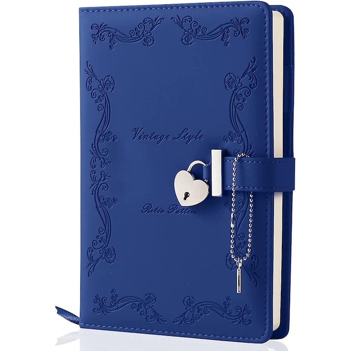 Jurnal cu lacat pentru fete, 360 pagini, coperta din piele moale, design embosat, albastru, A5