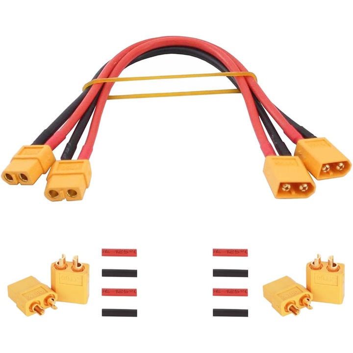 Set 2 Cabluri XT60 M-F 30cm 14AWG + 2 Perechi Conectori XT60 M/F – Pentru Baterii LiPo, Drone FPV, Auto si Avioane RC