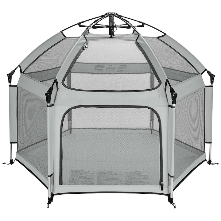 Tarc de Joaca pentru Bebelusi si Copii Elindor® Tip Cort, Spatiul Sigur de Joaca, Plasa de Protectie UV, Include Usa cu Fermoar, Materiale Eco-Friendly si Non-Toxice, Varsta 1-5 ani, 150 x 150 x 122 cm, Gri