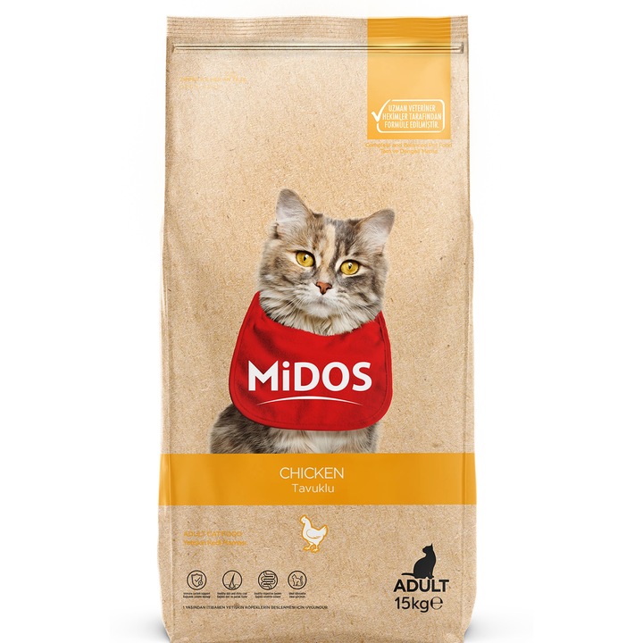 Száraztáp felnőtt macskáknak, Midos, csirkehússal, 15 kg, prémium, minőségi fehérjék, egészséges emésztés és napi vitalitás