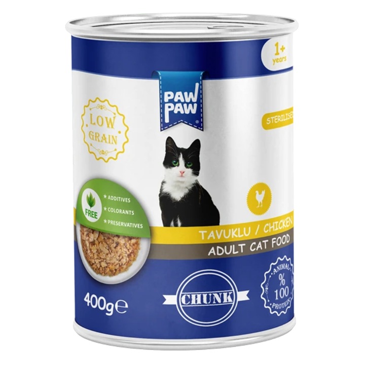 Hrana umeda pisici junior, PawPaw, cu bucati de pui in sos, 400 g, crestere sanatoasa, digestie usoara, energie pentru joaca
