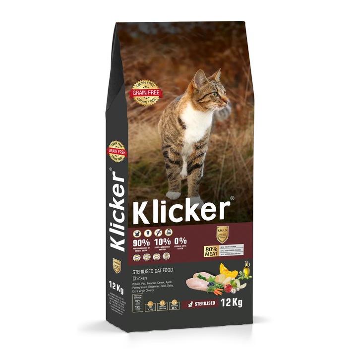 Száraztáp sterilizált macskáknak, Klicker, csirkehússal, 1 kg, szuper prémium, gabonamentes, egészséges emésztés, optimális súly, fényes szőrzet