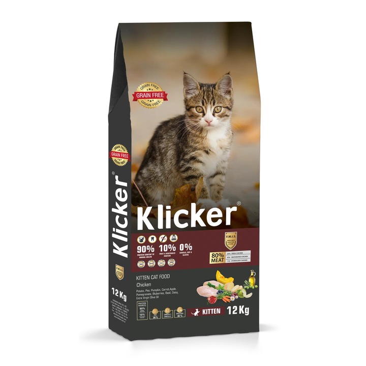 Klicker gabonamentes junior macskaeledel, csirkehússal, 1 kg, szuper prémium, egészséges növekedés, erős immunitás, fényes szőrzet