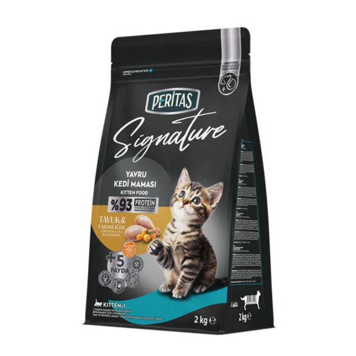 Hrana uscata pentru pisici juniori, Peritas Signature, cu carne de pui, sac 2 kg, premium, proteine pentru crestere sanatoasa, imunitate puternica, blana stralucitoare