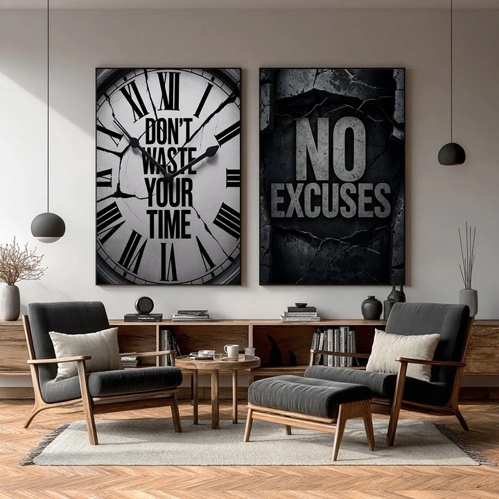 Set 2 Tablouri Moderne - Puterea Prezentului - 30 x 50 cm x 2, Tablouri Moderne Premium, Decor pentru Living, Dormitor sau Hol, Cadou Inspirat, Tablou Modern, Sasiu lemn, Vizio Tablouri Canvas®