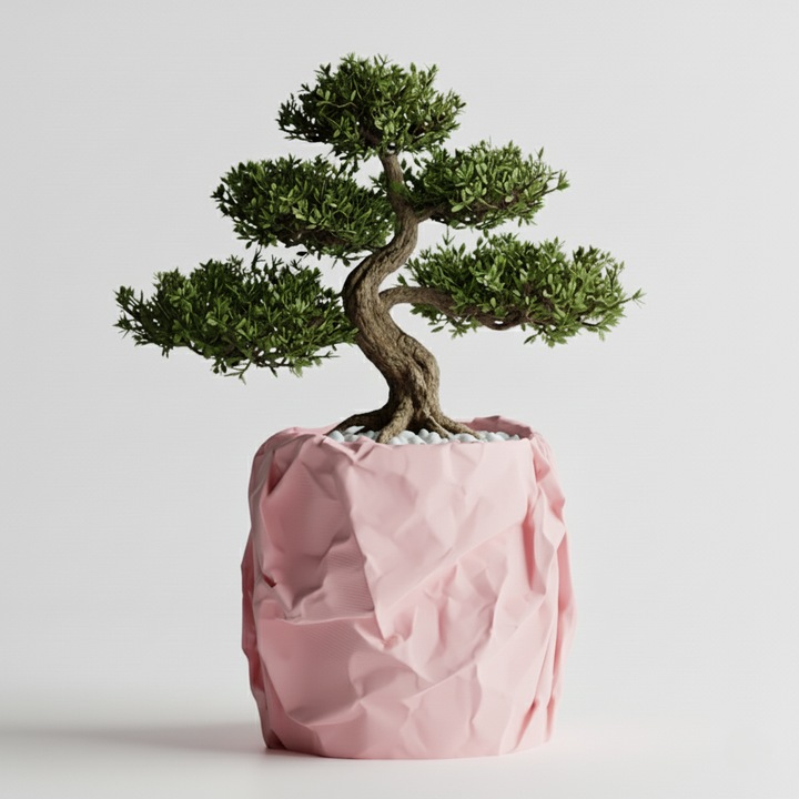 Ghiveci decorativ Crumpled Design, roz rosewood, plastic PLA, diametru 12cm, inaltime 16cm