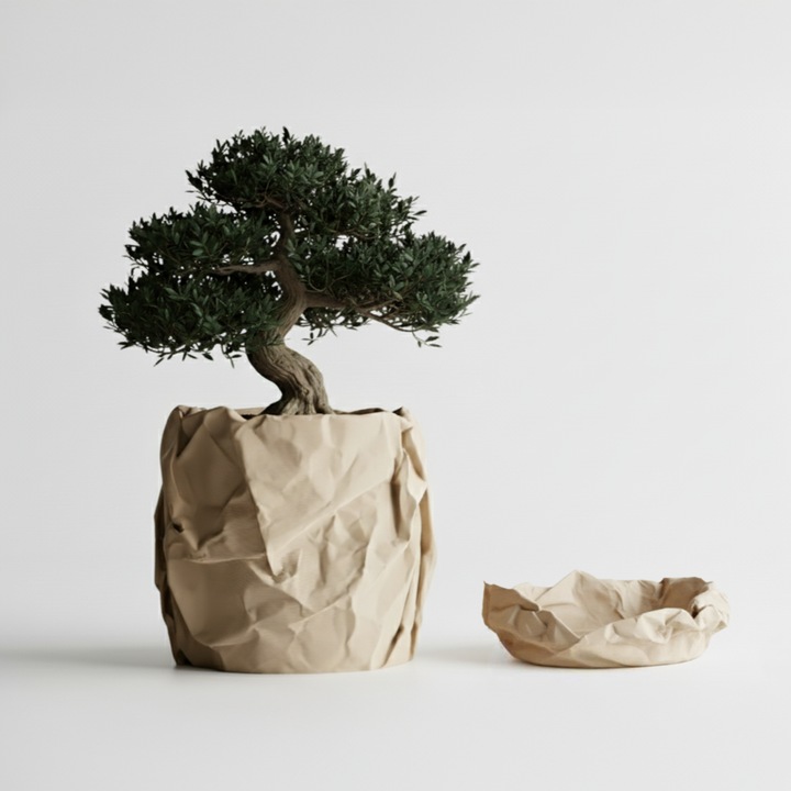 Set Ghiveci decorativ si Tava de chei Crumpled Design, culoare Sandstone Beige, plastic PLA, ghiveci diametru 12cm, inaltime 16cm