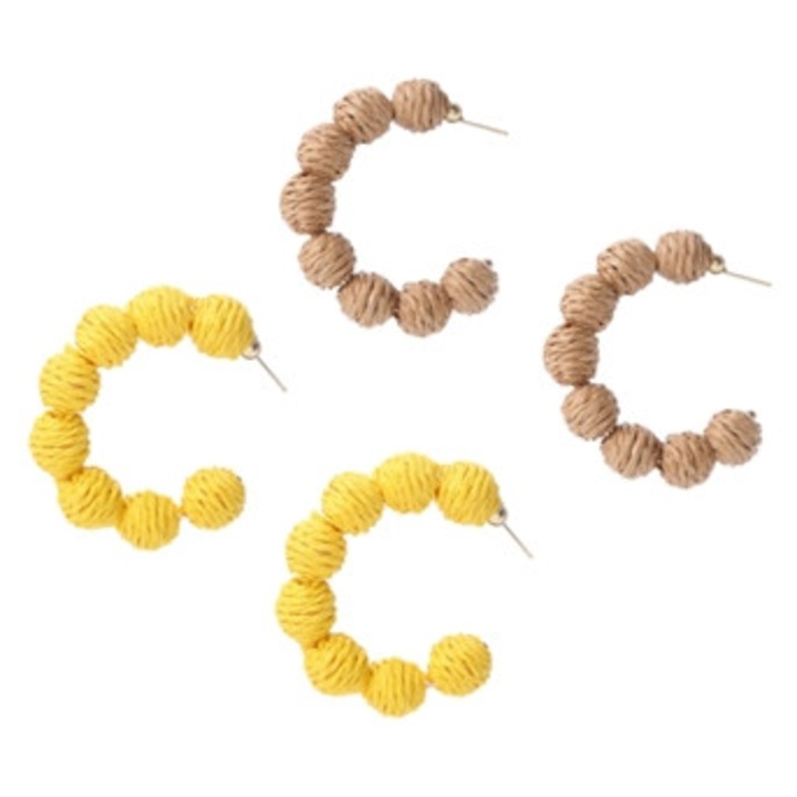 Set 2 Perechi cercei din rafie, model inel din ratan, bijuterii de plaja, Bej / Galben