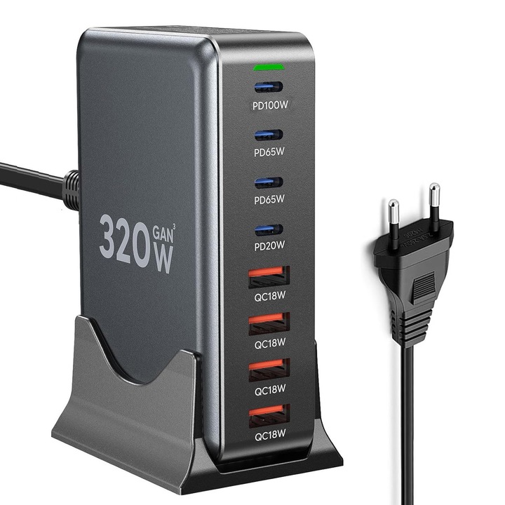 Бързо зарядно USB C/USB A 320W, 8 порта, модел GaN III с 4 PD и 4 QC, съвместимо с MacBook iPhone Samsung, включен 1.5M кабел, черно
