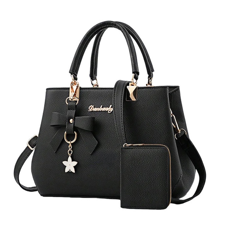 Set geanta dama cu portofel si pandativ floare, 2 piese, piele ecologica, cu bareta pentru umar si doua manere fixe, compartimente multiple, negru