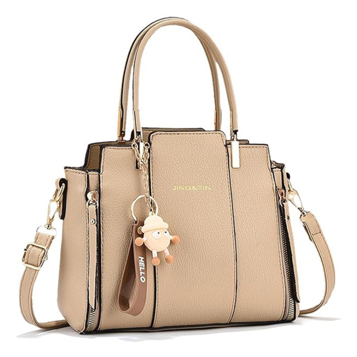 Női táska medállal, vállpánttal és két fix fogantyúval, több rekesszel, ökológiai bőr, khaki