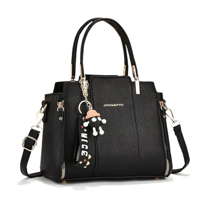 Női táska medállal, vállpánttal és két fix fogantyúval, több rekesszel, ökológiai bőr, fekete