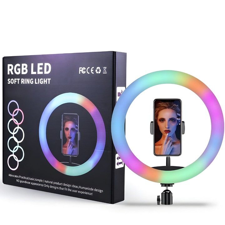 Lampa circulara RGB LED Macvi® 36 cm, 20 moduri de lumina, cu suport de telefon, cablu de incarcare USB si telecomanda inclusa pe fir cu reglare a intensitatii