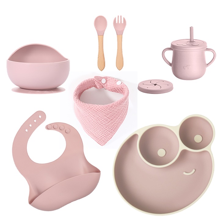Set de hranire din silicon pentru bebelusi, 6 piese – baveta, bol cu ventuza, farfurie compartimentata tip erou, lingura si furculita, cana pentru gustari, fara alergeni, cu baveta din bumbac cadou, roz
