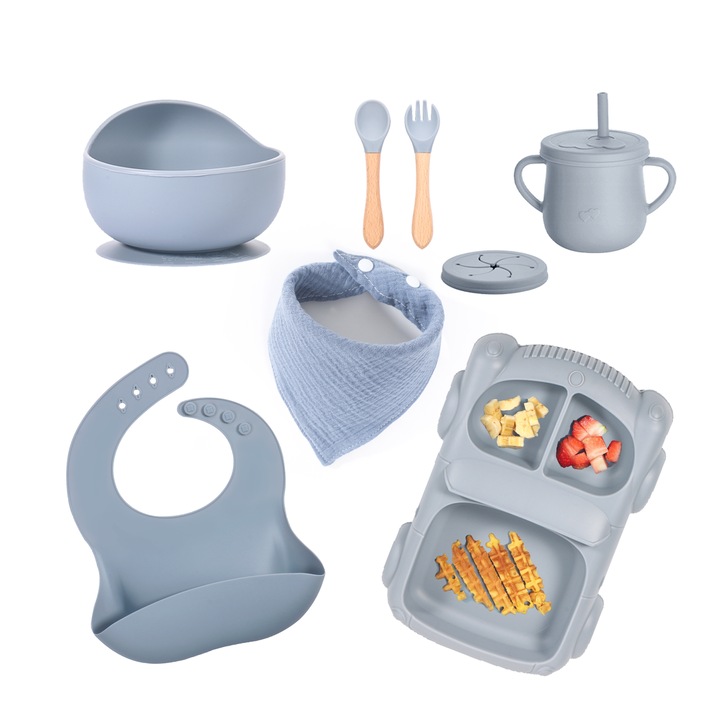 Комплект за хранене от силикон за бебета, 6 части, син, включващ лигавник, купичка с вендуза, чиния с отделения, лъжица и вилица, чаша за закуски