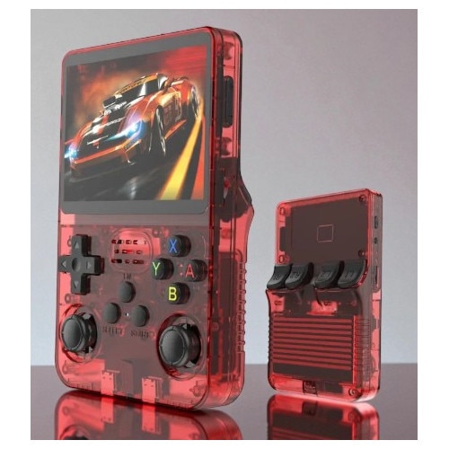 Consola Portabilă Vision XXI R36S, 15000 jocuri, Ecran IPS 3.5", Roșu Transparent, 64GB MicroSD