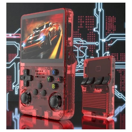 Consola Portabilă Vision XXI R36S, 15000 jocuri, Ecran IPS 3.5", Roșu Transparent, 64GB MicroSD