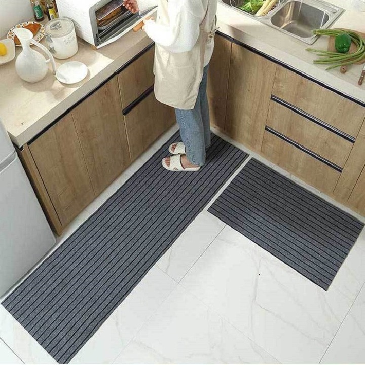 2 darab konyhai szőnyeg szett, szürke, 40x60cm + 40x120cm, csíkos design, csúszásmentes