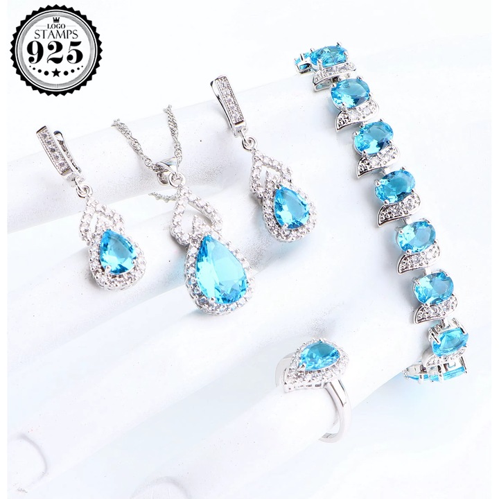 Set bijuterii elegante placate cu argint 925, cu cristale de zirconiu bleu-turcoise