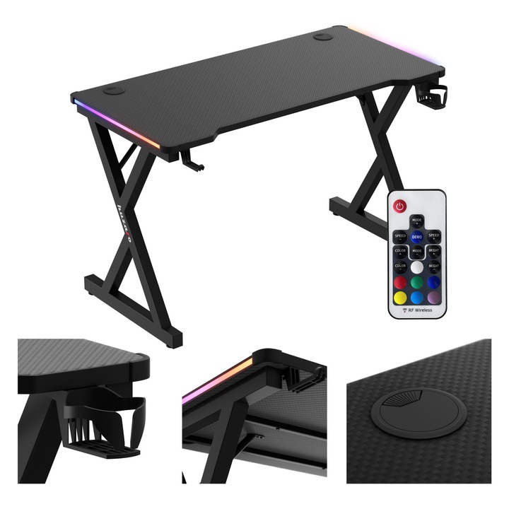 Birou pentru jocuri, Huzaro Hero 2.3, cu iluminare, cadru din otel, blat de 120 x 60 cm, suport pentru casti si pahare, negru