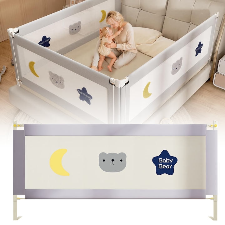 Bariera de Protectie pentru Pat Morovan, Bariera protectie pat, 30 de trepte de ajustare, inaltime reglabila 72-103 cm, Multi Compatibil, Plasa Respirabila, Margini Captusite, Mecanism Blocare, Husa Detasabila cu Fermoar, Non-Toxic, 180x70cm, Ursa Mica