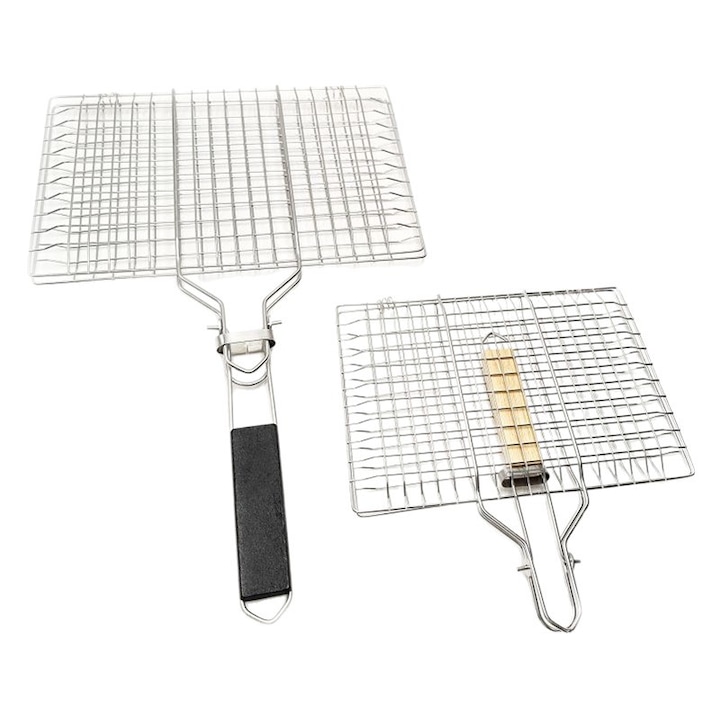 Hordozható összecsukható grillszett - Rozsdamentes acél grill kempingezéshez és háztartáshoz, hal sütőcsipeszekkel és rácsokkal