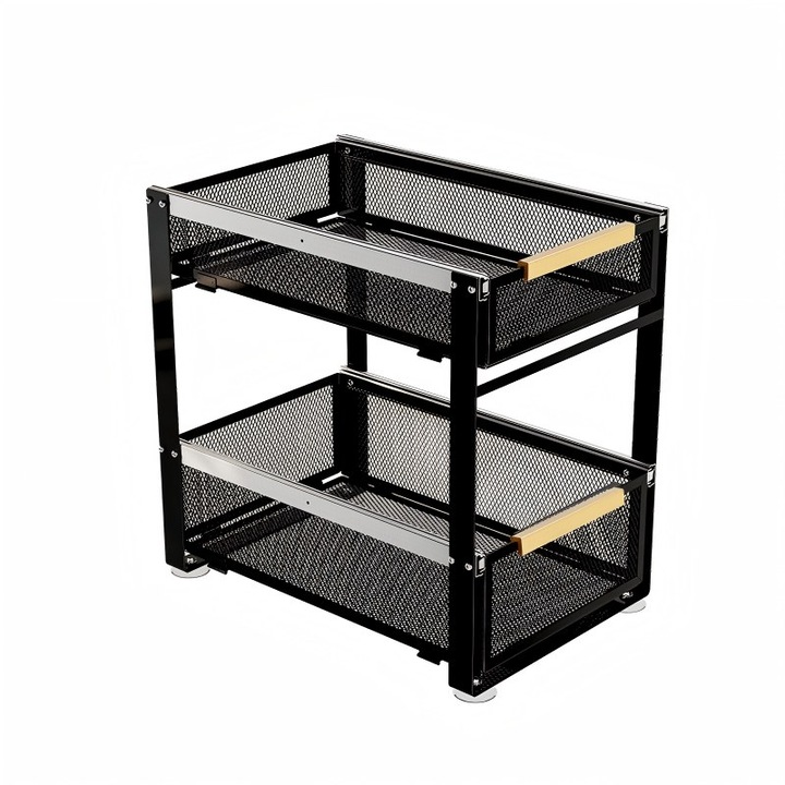 Разтегателна поставка за подправки на две нива, универсална кошница от ковано желязо за съхранение в кухнята, буркани за подправки и прибори, 40x27.1x39см, черна