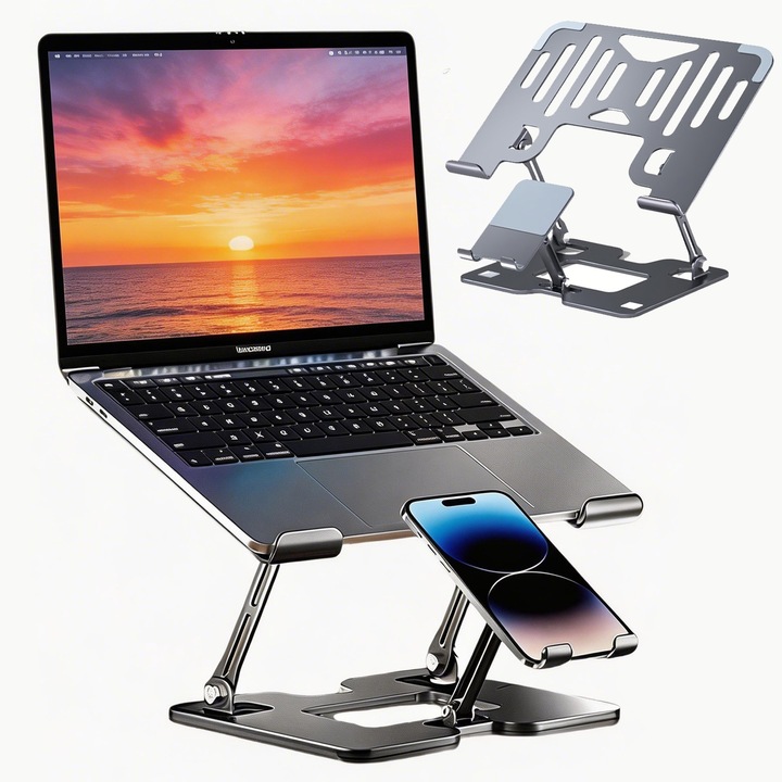Állítható magasságú, összecsukható karokkal és továbbfejlesztett hűtéssel ellátott ötvözött acél laptop tartó, telefon-laptoptartó 2 az 1-ben