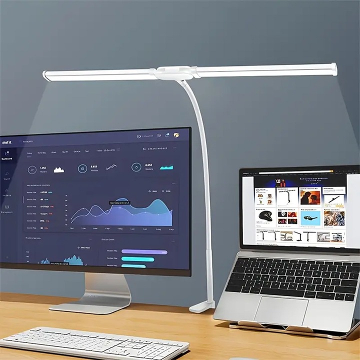 Lampa de birou LED, cu 2 Capete LED, cu Clipa - 3 Moduri & 10 Niveluri de Luminozitate - Reglabila 360°, Alimentare USB - Pentru Pian, Monitor, Birou, Lectura