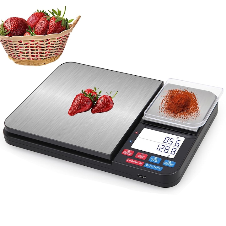 OEM Konyhai mérleg, két platformmal és mérőkanálkészlettel - USB töltés, 0,1g/0,01g pontosság, 7 mértékegység süteményekhez és főzéshez