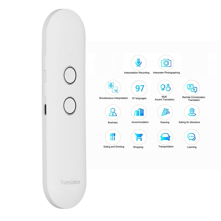 Dispozitiv de Traducere Lingvistica, 97 Limbi, Functie de Recunoastere Vocala, Design Portabil, Alb