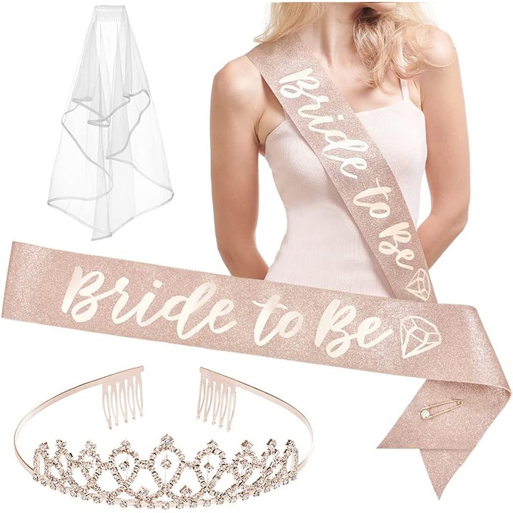 Set 3 accesorii pentru petrecere de mireasa, BOMSTOM, cu voal, trupa „Bride to be”, coroana, Nunta Burlaci Party Bride to Be Party Supply, Auriu rose/alb
