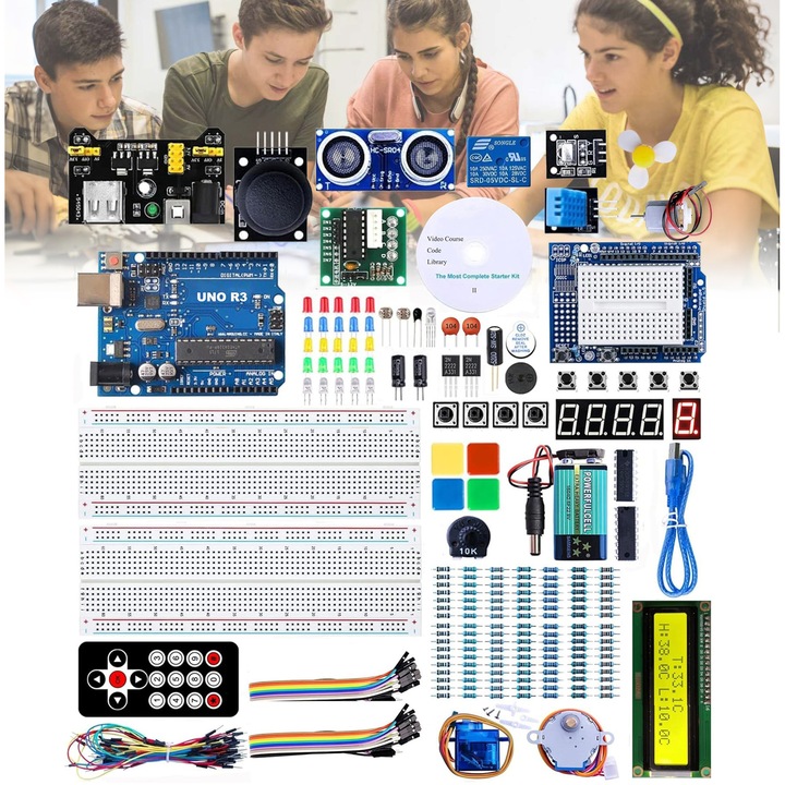 Kit de programare Arduino UNO R3，SHIJOOE®，Kit start componente electronice，Kit compatibil Arduino IDE，peste 165 componente，senzori si motor pas cu pas，servo motor SG90，Display LCD，Telecomanda，Componente pentru Incepatori，Tutoriale CD incluse，Multicolor