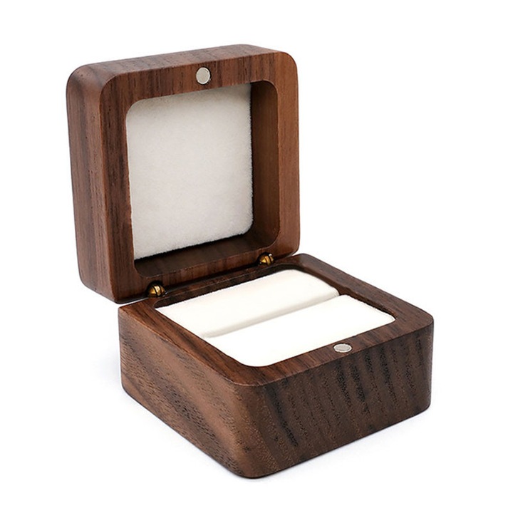 Cutie pentru inele logodna, BOMSTOM, din lemn, dimensiune 55x55x35mm, Interior catifea, Usor de transportat, Maro