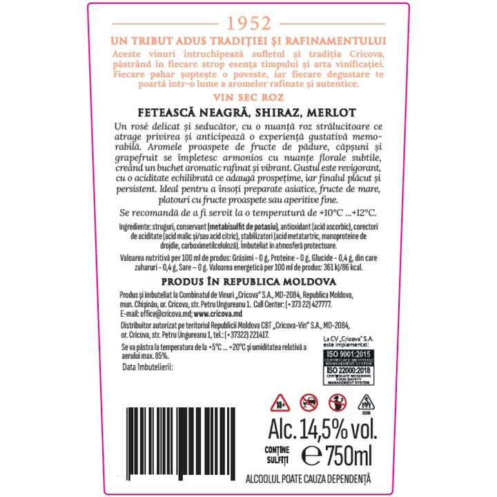 Vin 1952 Rose Blend, Sec, rose 0,75L