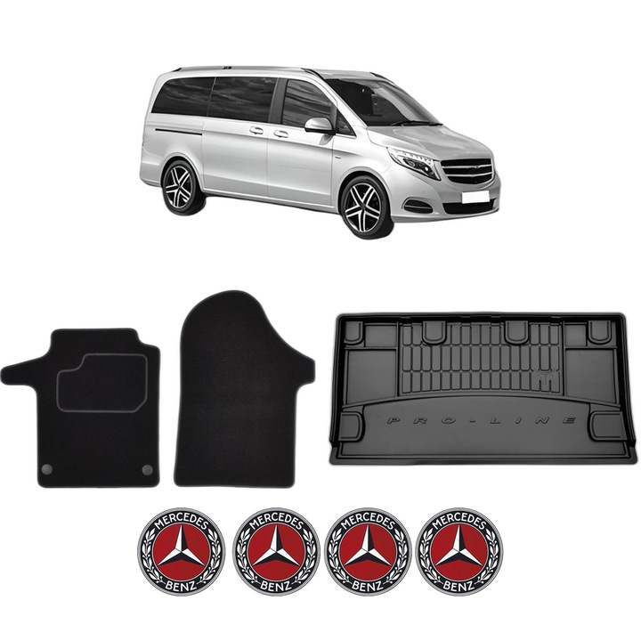 Set Covorase Auto Si Tavita Portbagaj pentru MERCEDES-BENZ VITO Mixto (Double Cabin) (W447) din 2014-2020, Cauciuc, Protectie Porbagaj, 4x Stickere auto cu MERCEDES-BENZ